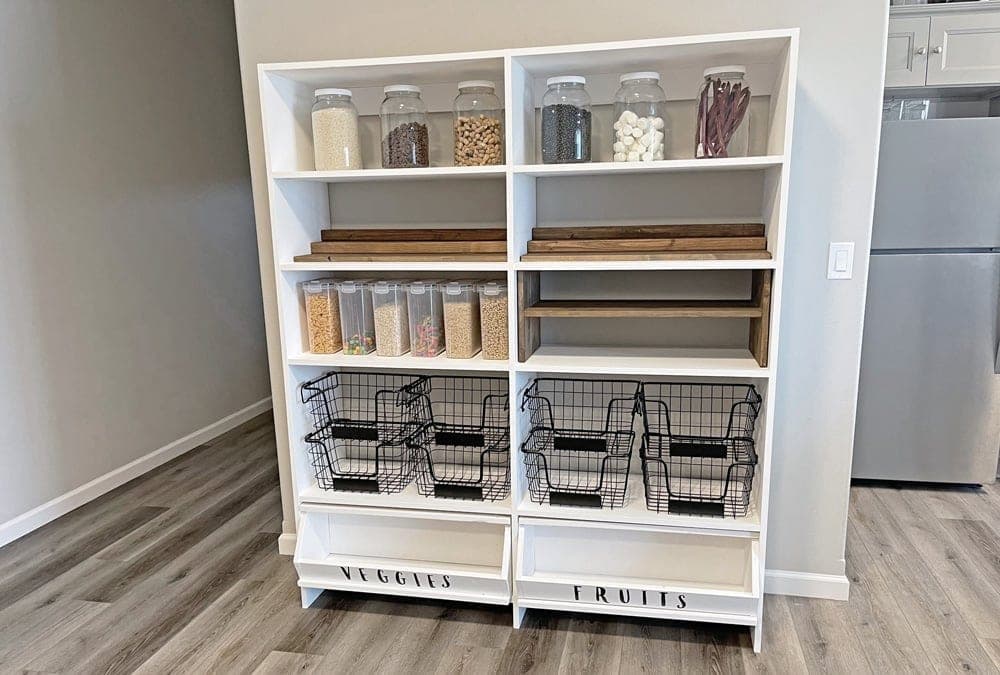 Two-bay white melamine pantry shelving unit