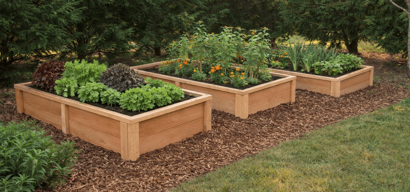 Cedar fence picket raised garden bed with 2x3 frame and top trim rail