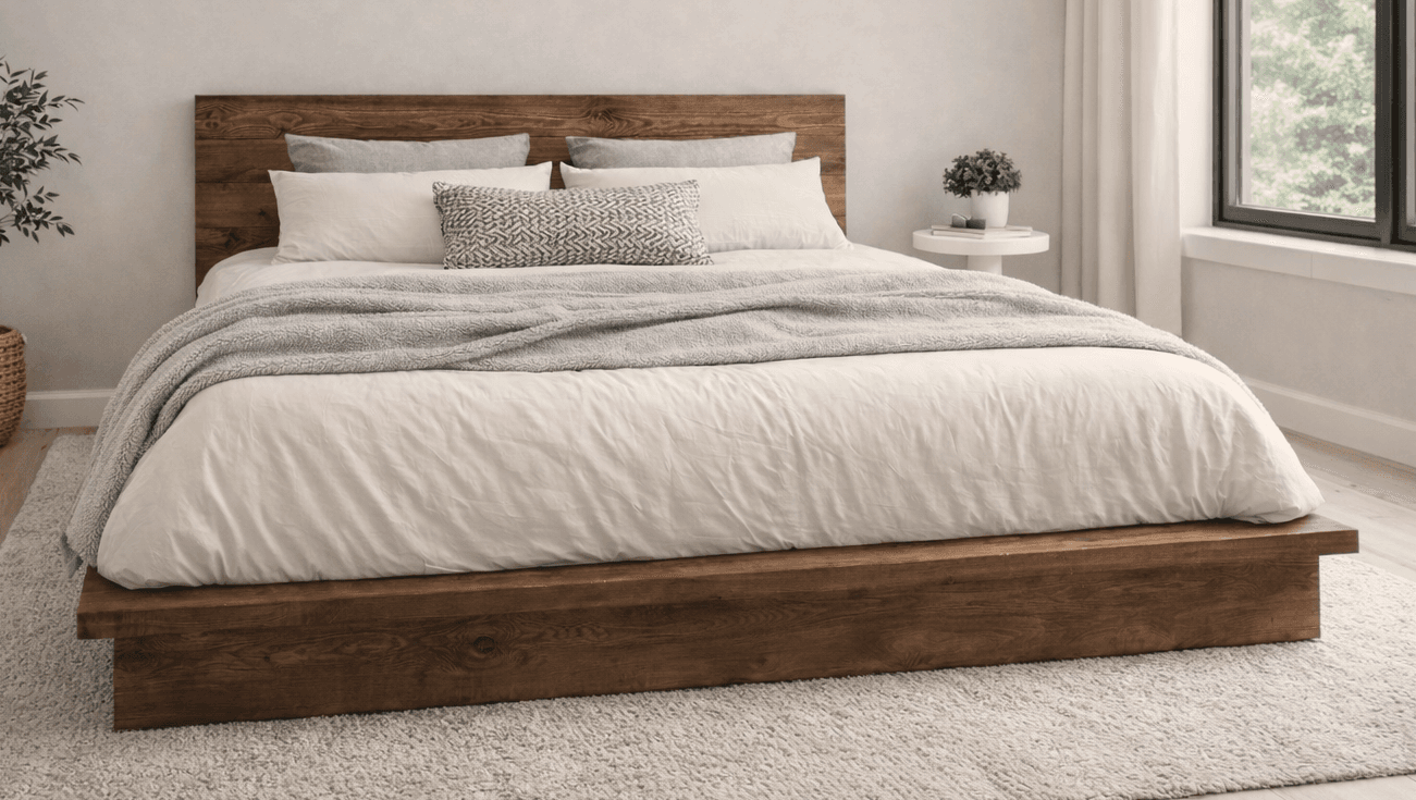 Rustic modern platform bed with plank headboard and L-profile rails