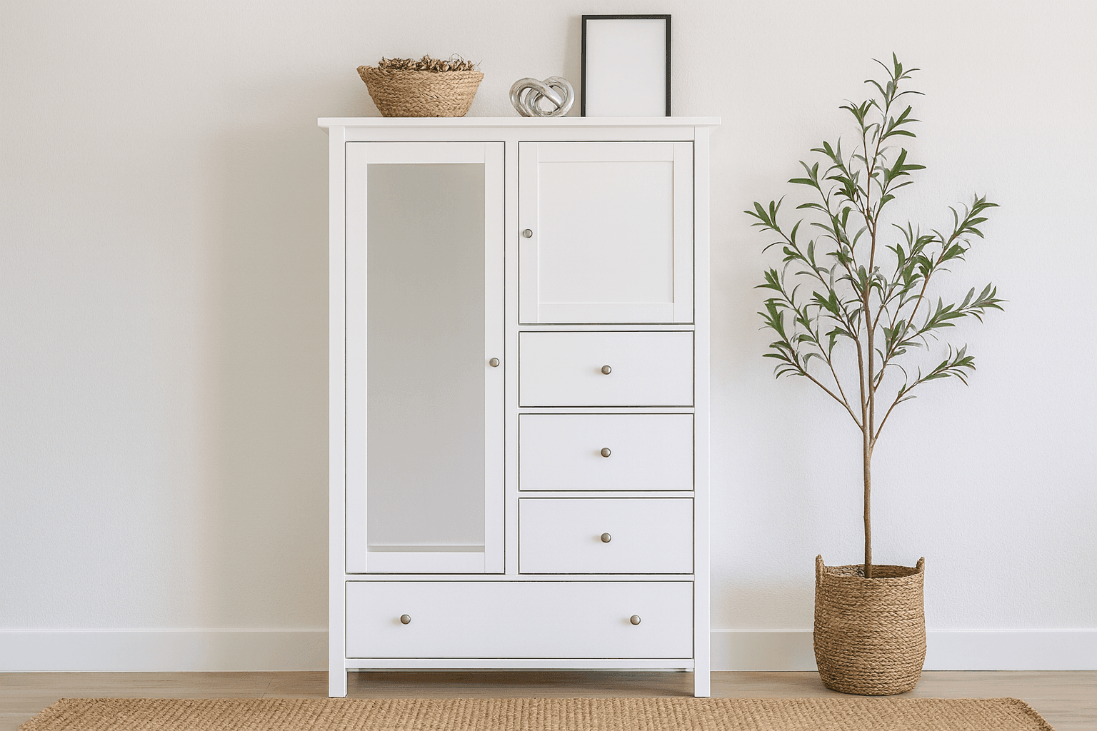A tall plywood armoire with a mirrored door, open shelving, and four drawers