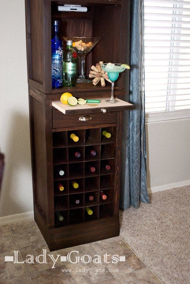 Modular bar base cabinet with a diamond wine-bottle grid and a drawer