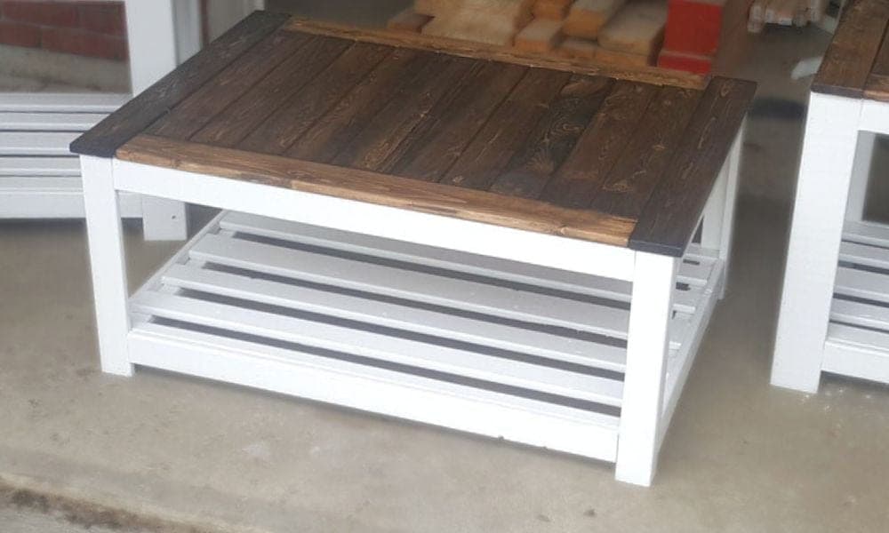 Slatted outdoor coffee table with a lower shelf, built from furring strips