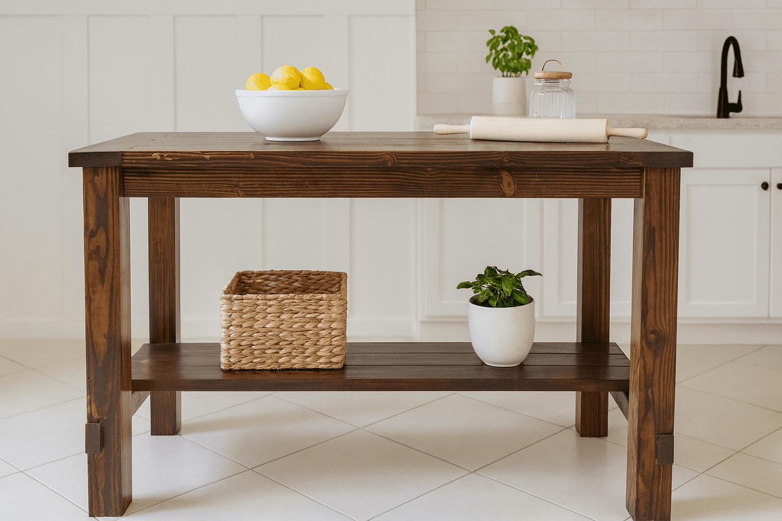 Farmhouse kitchen island with solid notched 4x4 legs