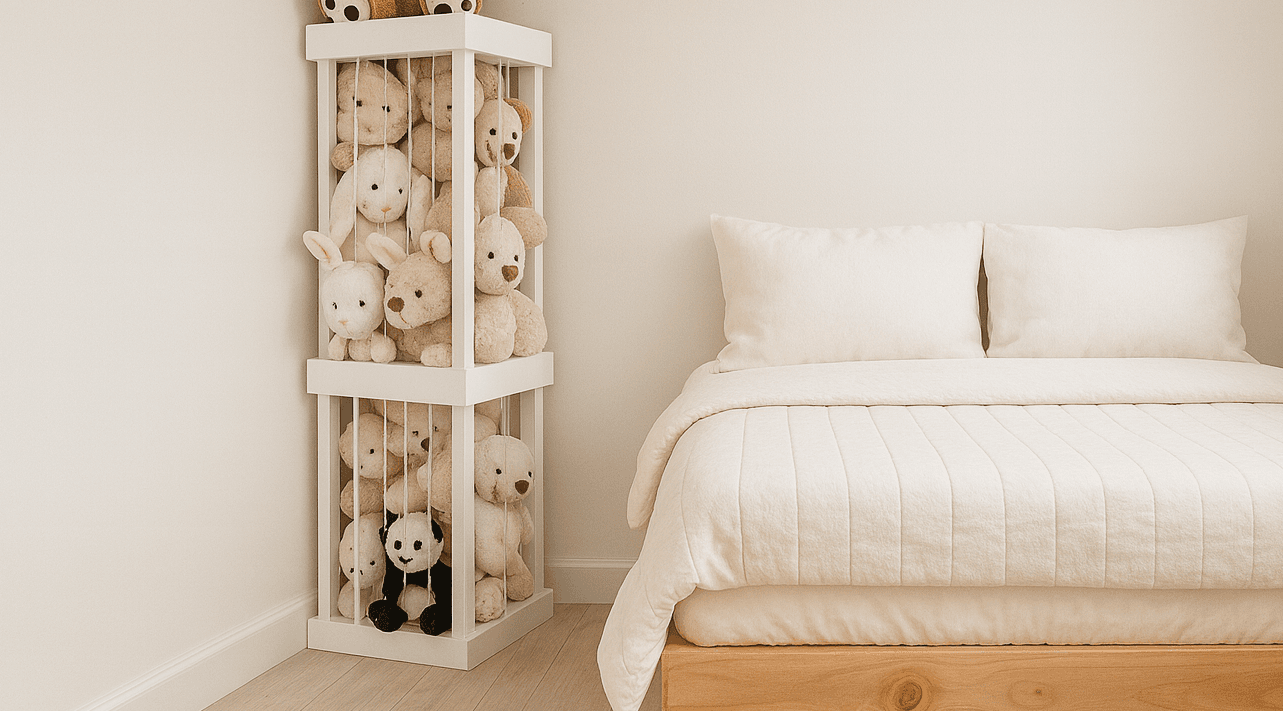 Wall-mounted wooden frame strung with rope for holding stuffed animals