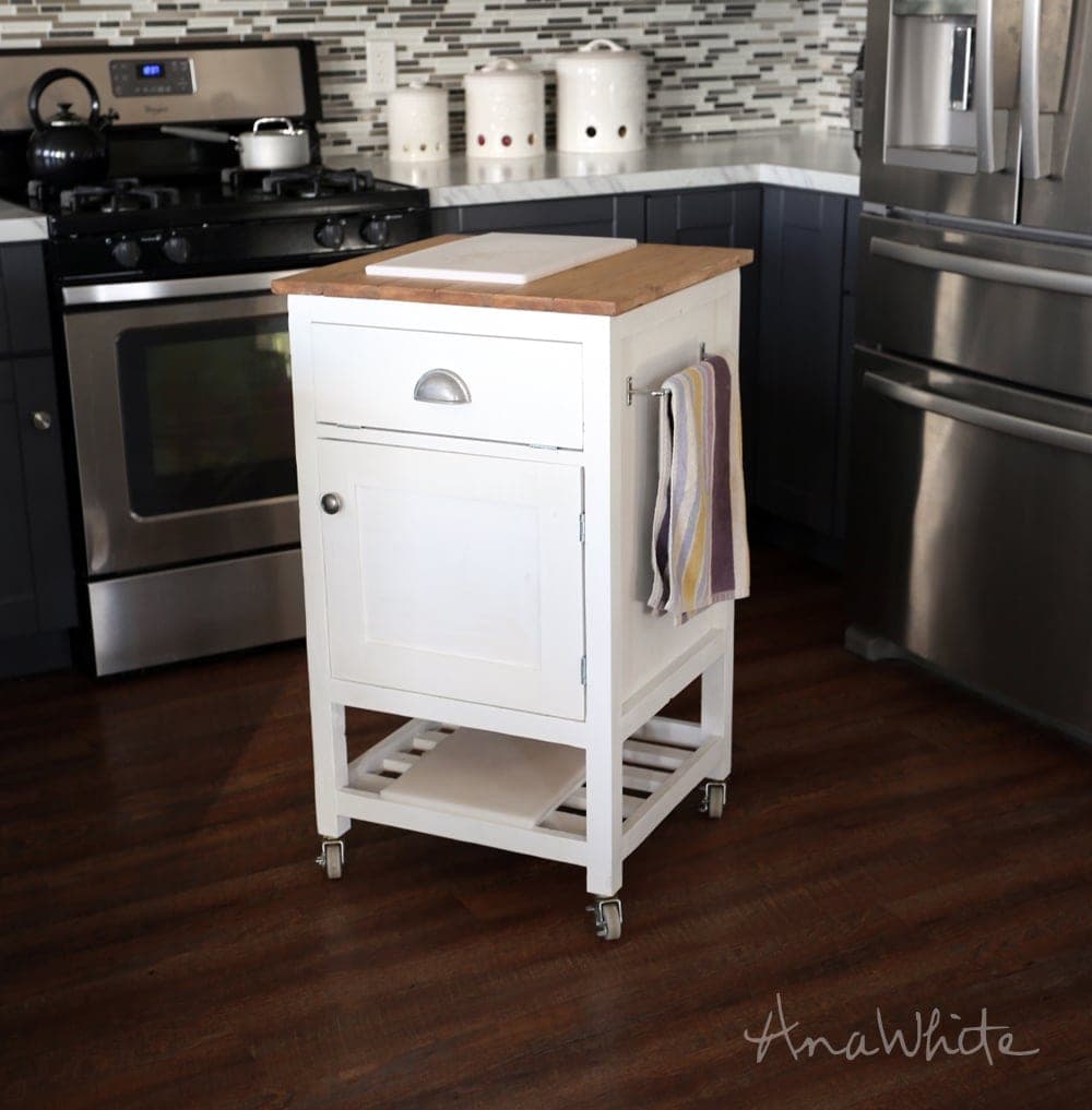 Tiny rolling kitchen prep cart with a hidden trash bin