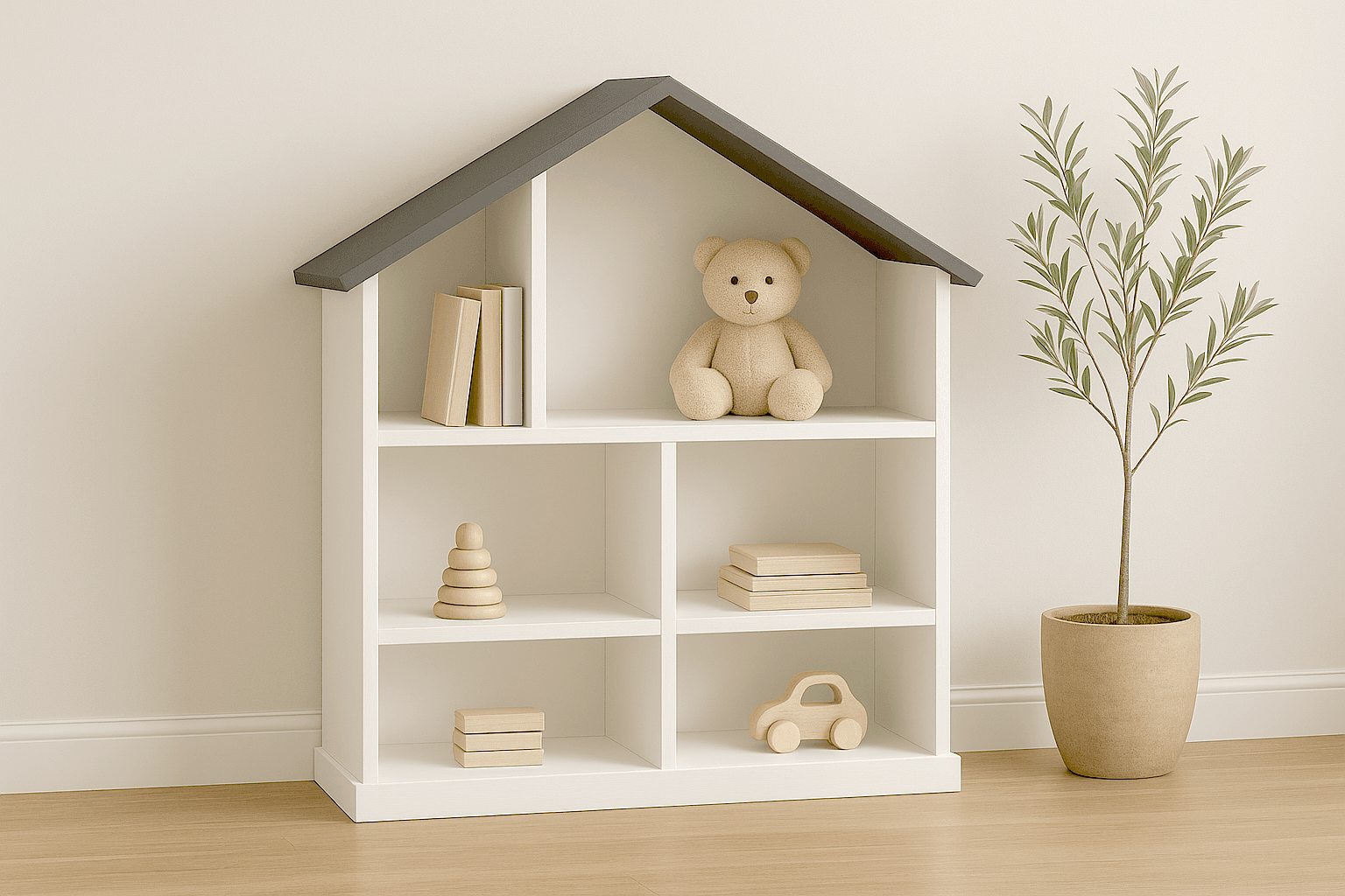 Bookcase built to look like a peaked-roof dollhouse facade with windows and shelves