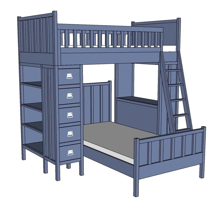 Board-and-batten style top bunk with a guardrail