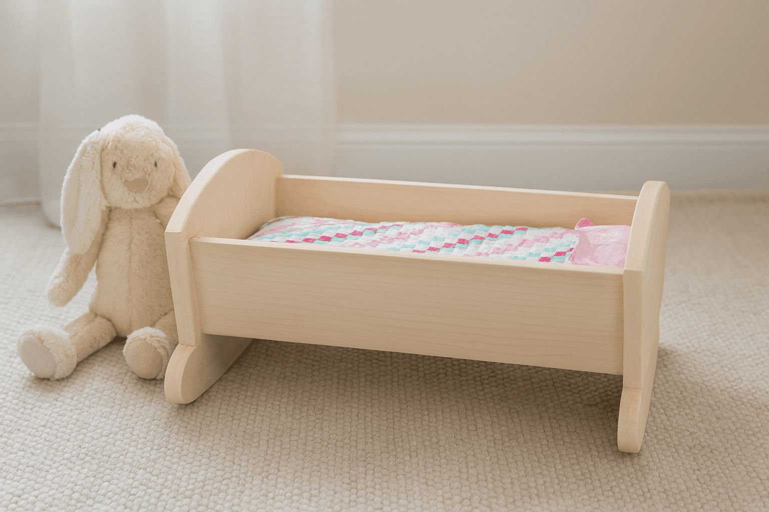 Small wooden doll cradle with curved angled end panels