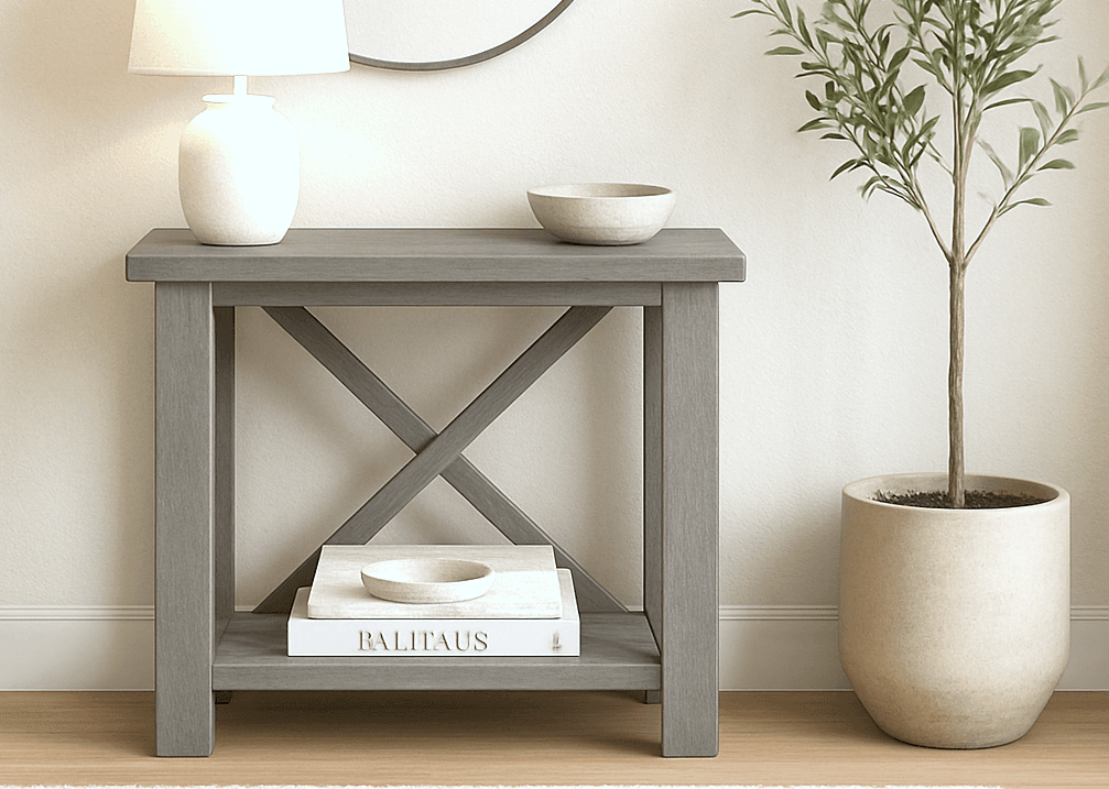 Small rustic console table with an X brace back