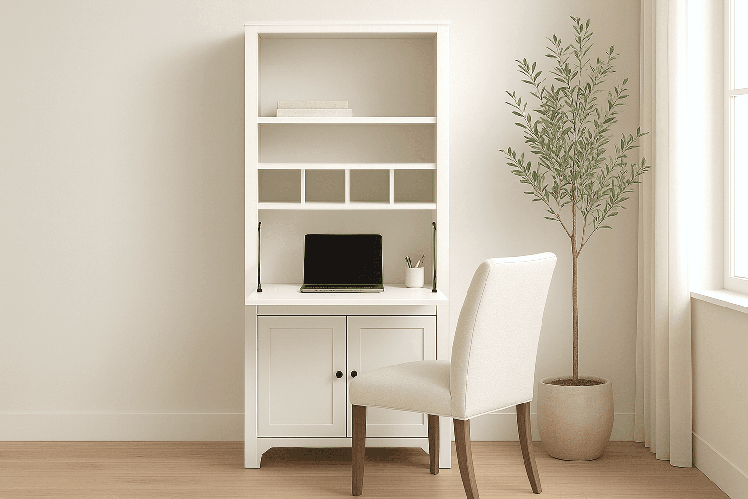 Narrow-depth secretary cabinet with mail sorting slots and a flip-down desk