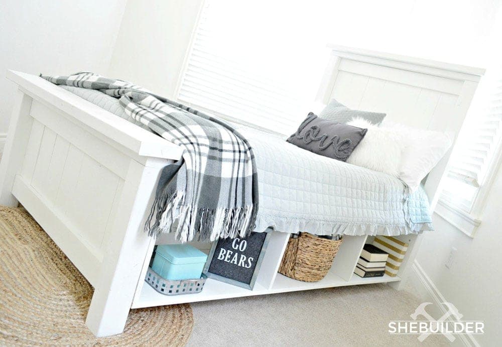 Farmhouse bed frame with built-in plywood storage boxes and optional drawers under the mattress