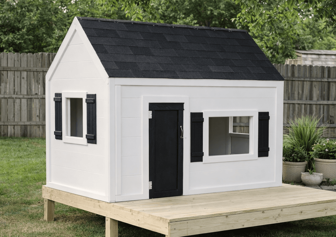 The framed and sheathed back wall panel of a simple kids' playhouse