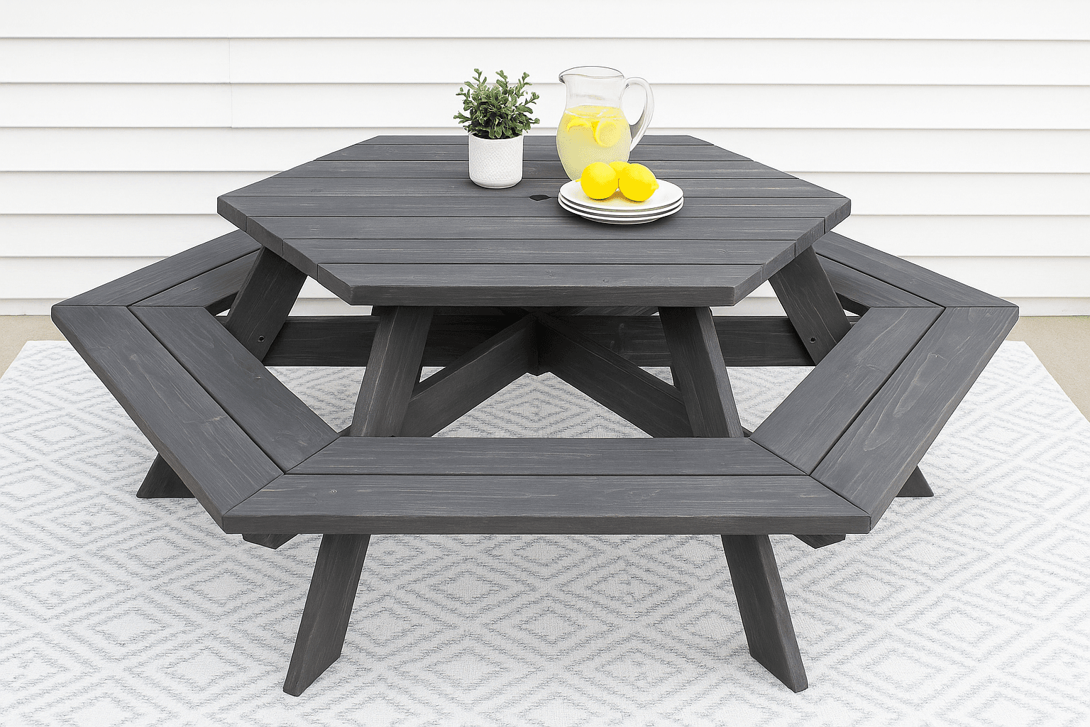 Six-sided hexagon picnic table with radiating tabletop boards