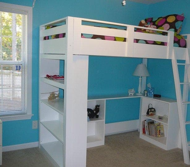 Tall bookcase built to slot under a loft bed