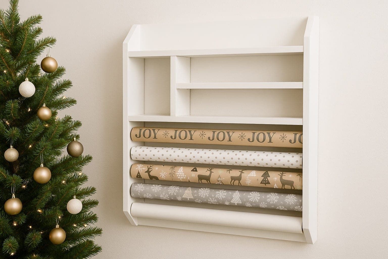 Wall-mounted gift wrapping station with dowel rod holders
