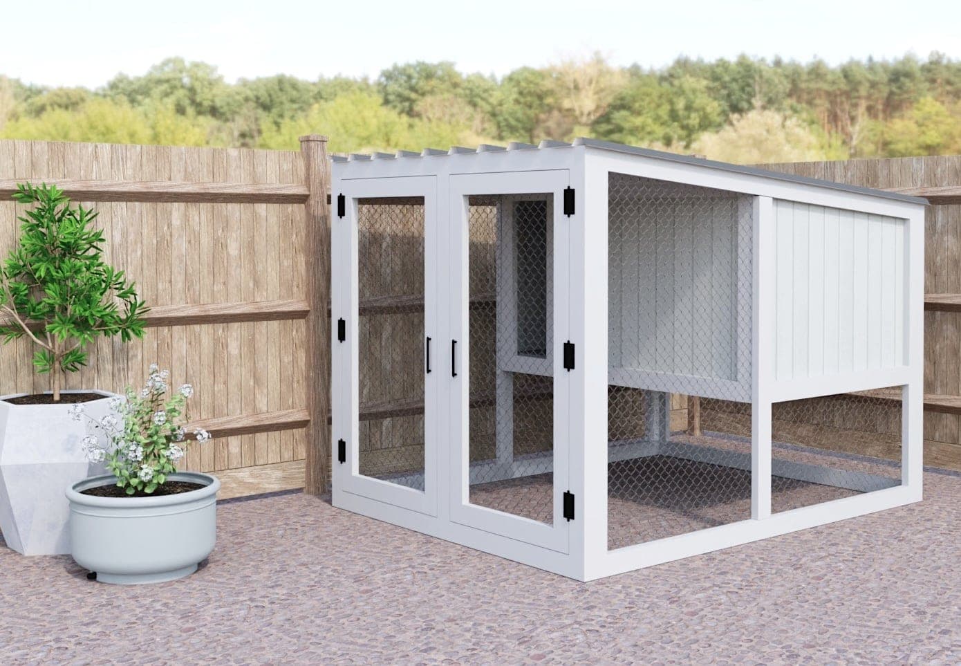 Modern flat-roofed double-wide chicken coop with enclosed roost and wire run