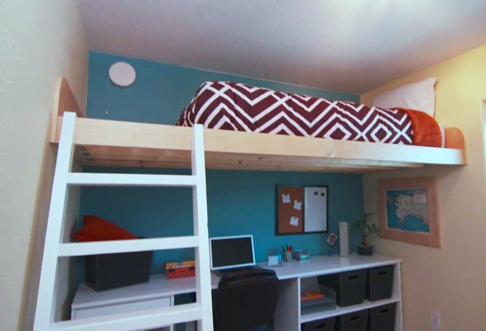 Wall-mounted floating loft bed with no legs, hung on joist hangers