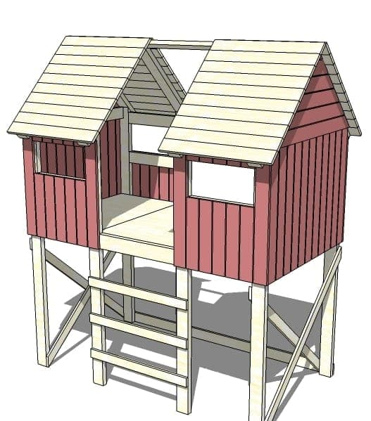 Children's loft bed built to look like two peaked beach huts with a roof and ladder