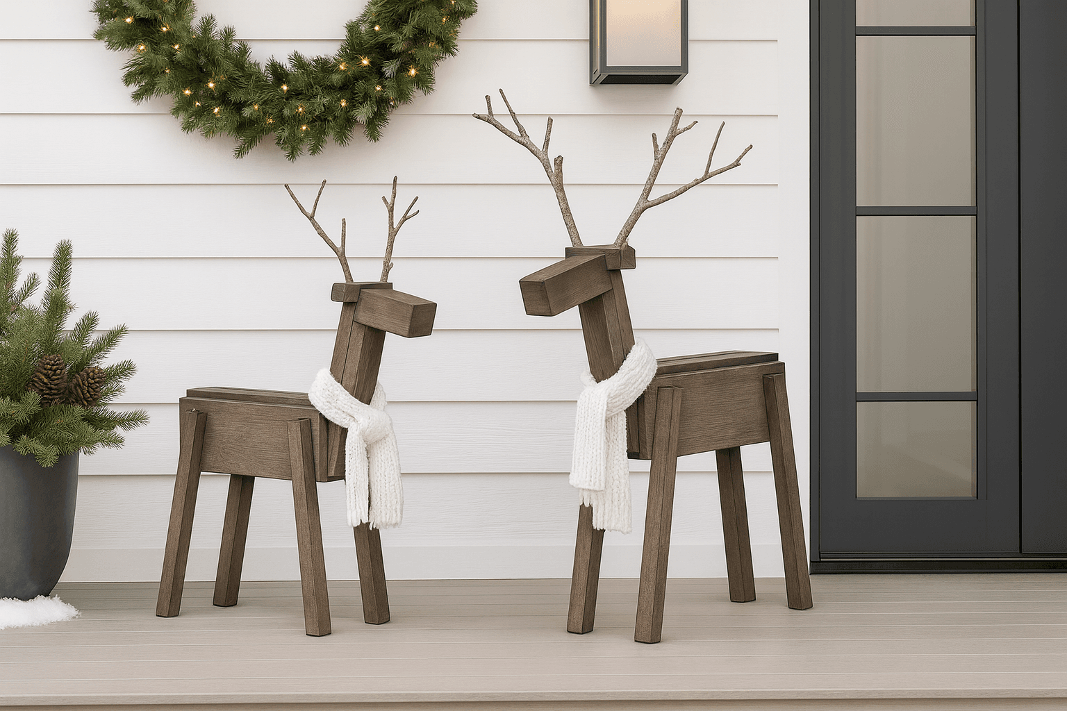 Modern geometric wooden reindeer built from scrap lumber