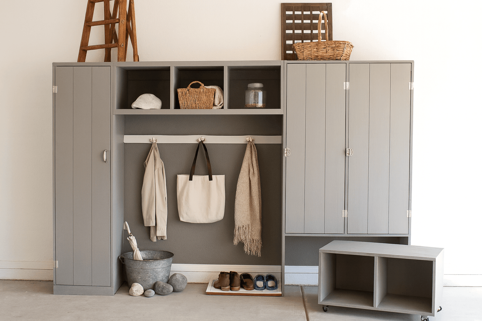 Rolling divided cubby cart on casters that fits under a mudroom bench
