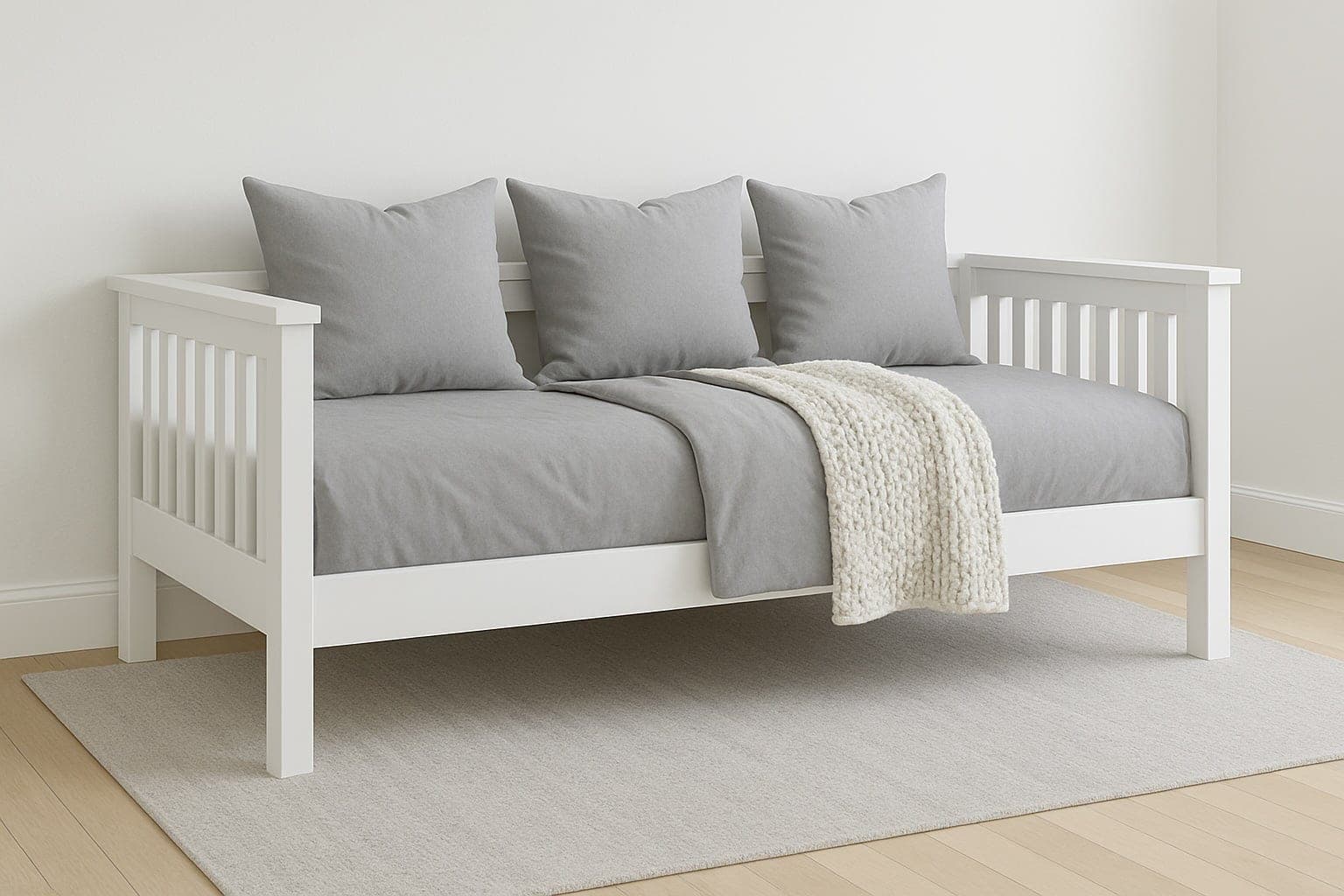 A mission-style daybed with evenly spaced vertical slats on the back and sides
