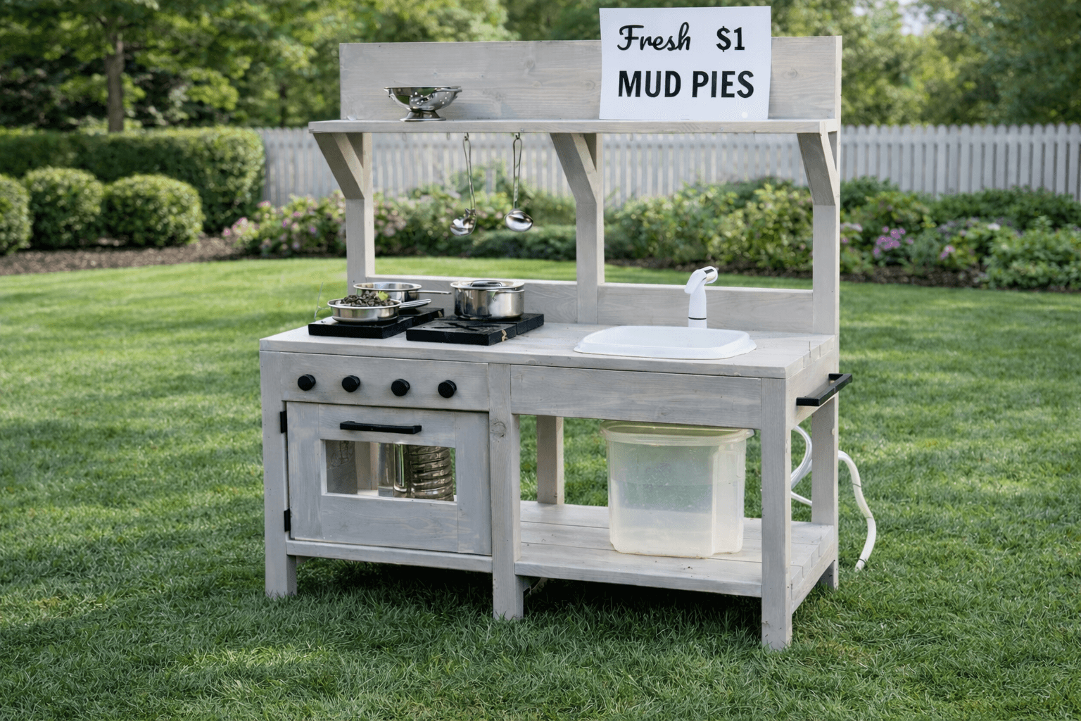 Cedar outdoor play mud kitchen with sink bin, backsplash shelf, and lower shelf