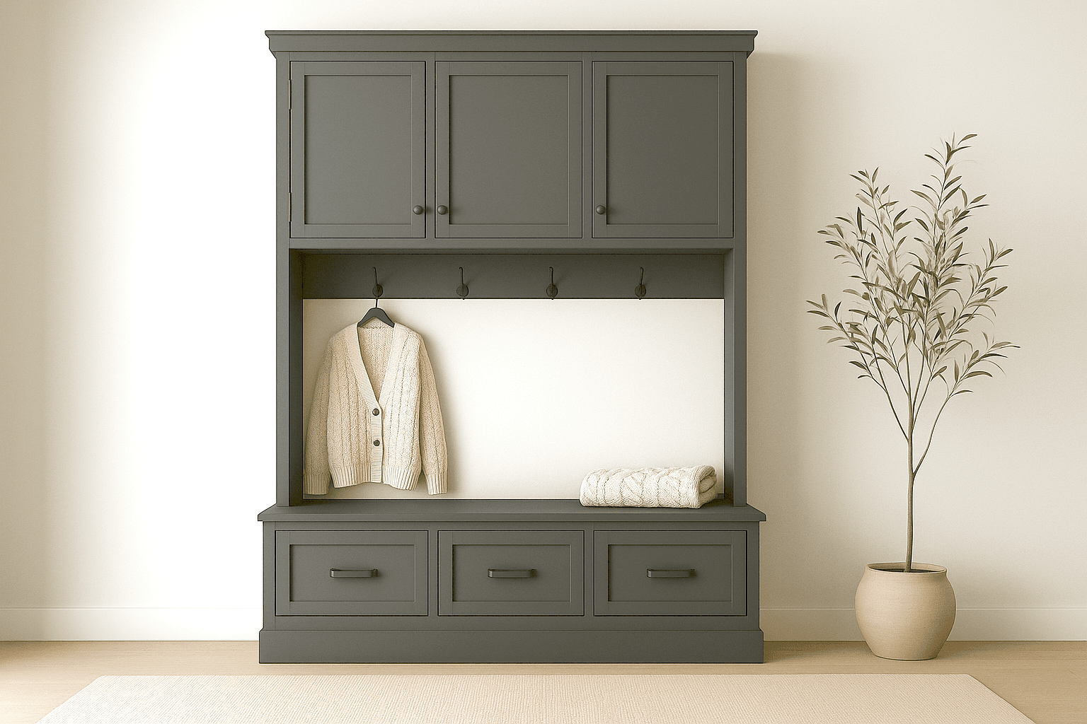 Entryway upper cabinet with inset doors and a hook rail