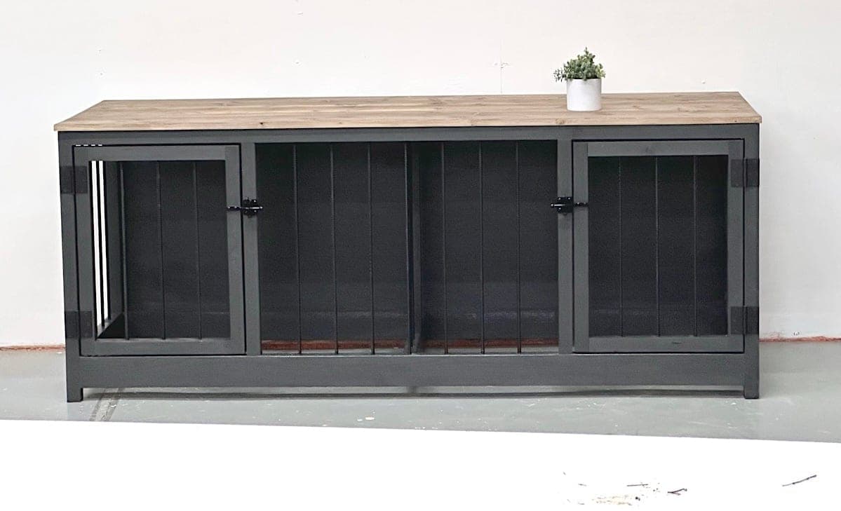 Long console table with two built-in dog crate bays with rebar bars and doors