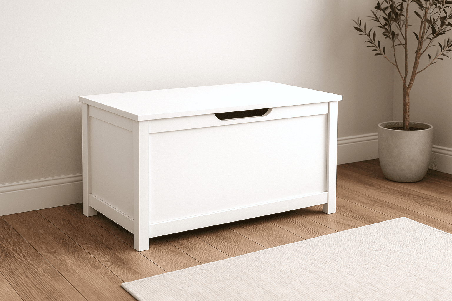 White frame-and-panel toy box with lid on raised legs
