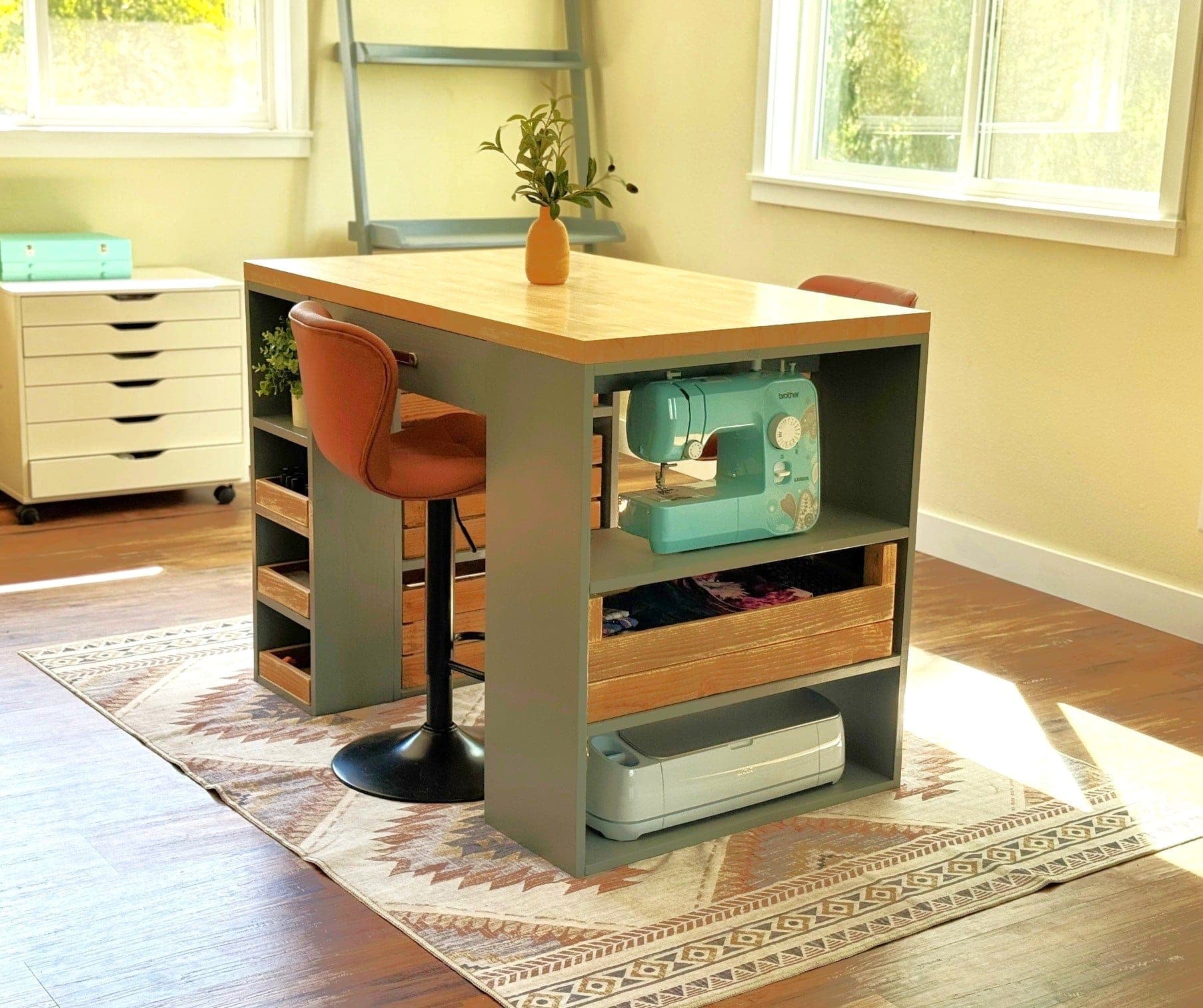 Craft table with two storage towers and a butcher block top