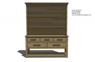Tall open-shelf hutch with a built-up crown trim on top of a dresser