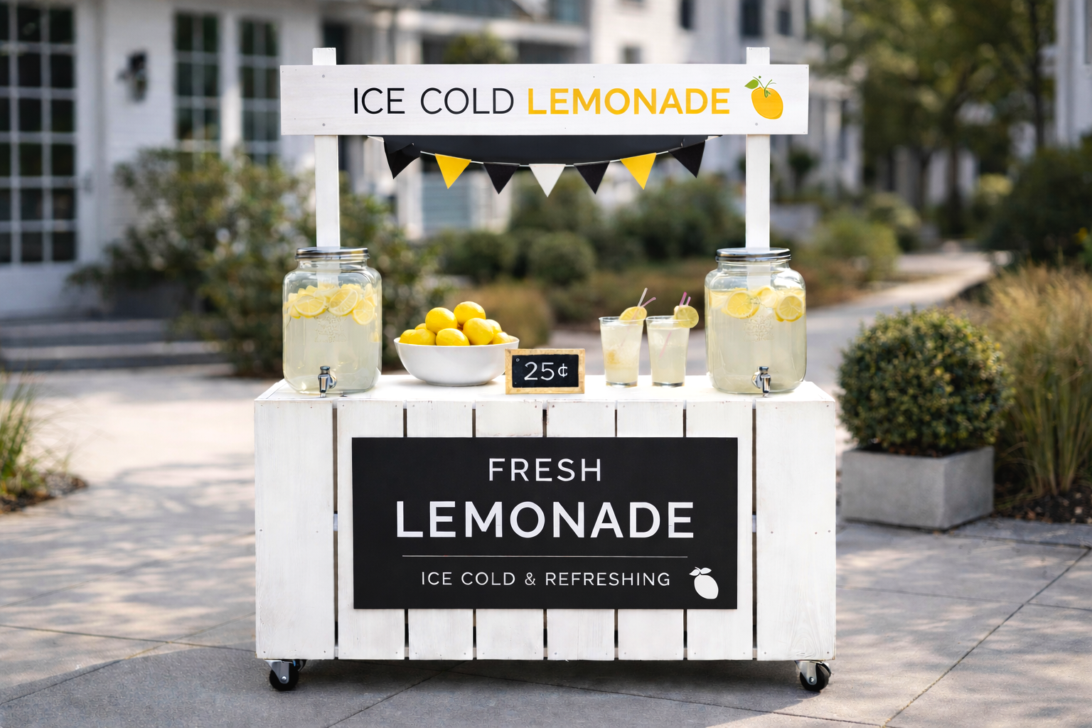 Painted wooden lemonade stand with tall sign board and picket front