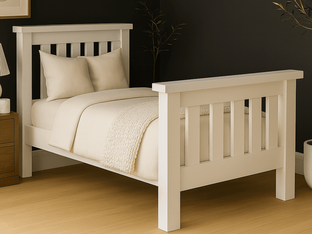 Twin Mission-style bed with slatted pierced headboard and footboard