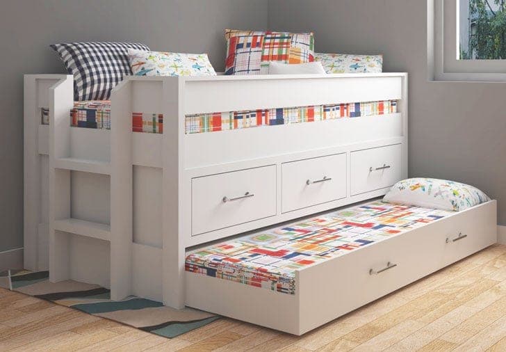 Captain's bed with storage drawers and a rolling trundle bed