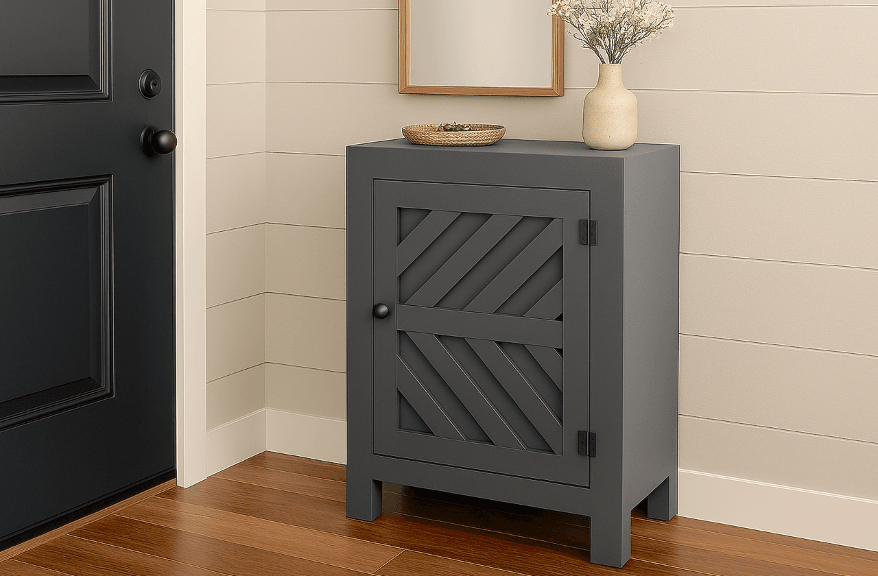 Narrow side cabinet with a chevron inlay door