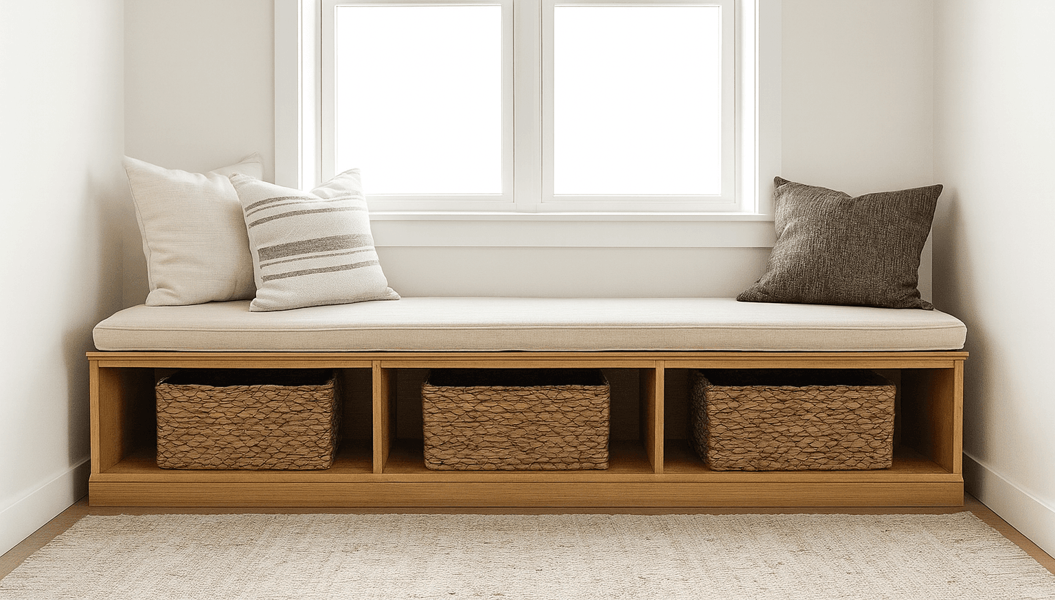 Long window seat storage bench built from one sheet of plywood