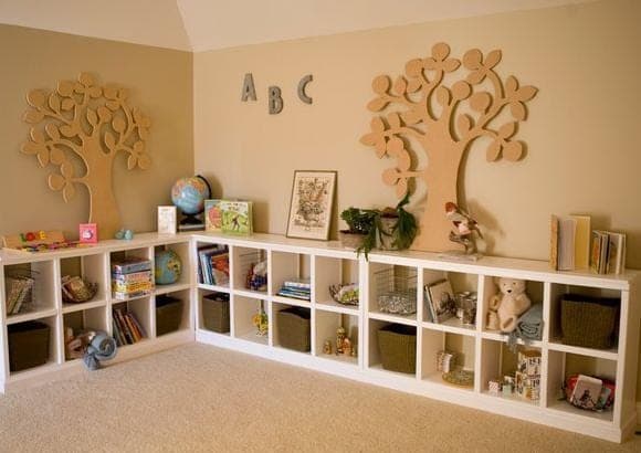 Wide console with a row of open vertical cubby shelves