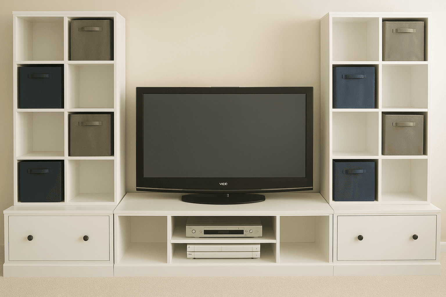 Low wide media console with open cubbies and base moulding