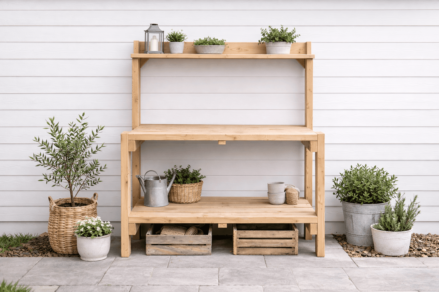 Simple two-shelf outdoor potting bench