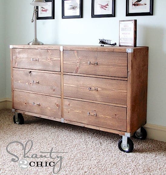 Six-drawer rolling dresser on large caster wheels