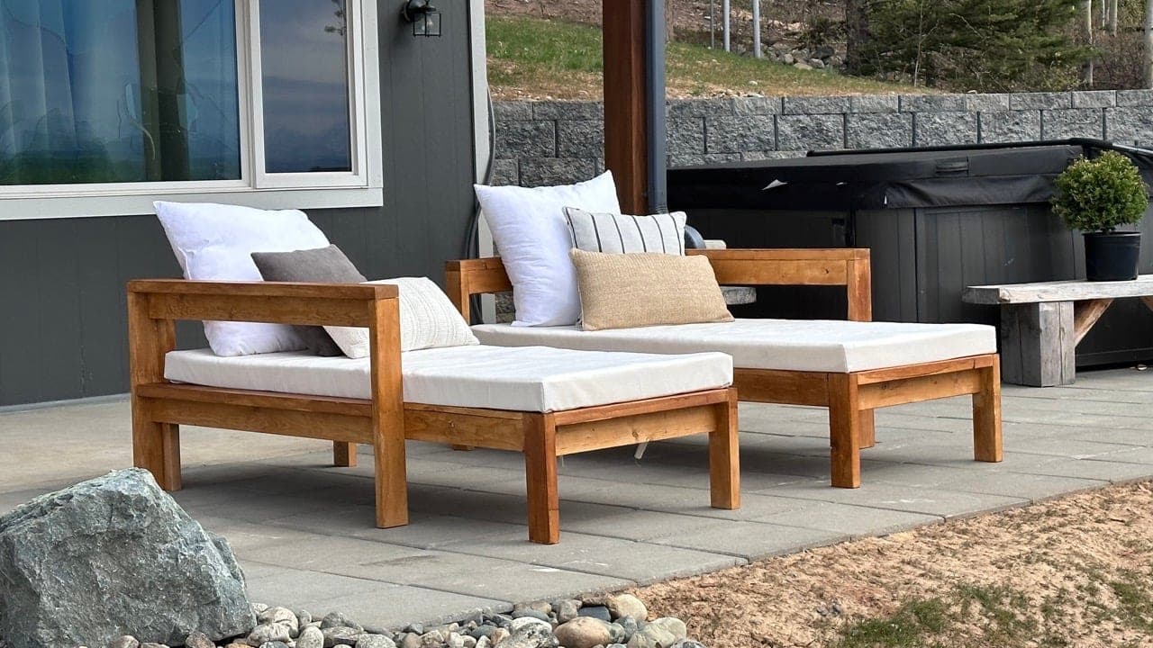 Outdoor daybed-style chaise lounge with cushion, built from 2x4s with cedar decking