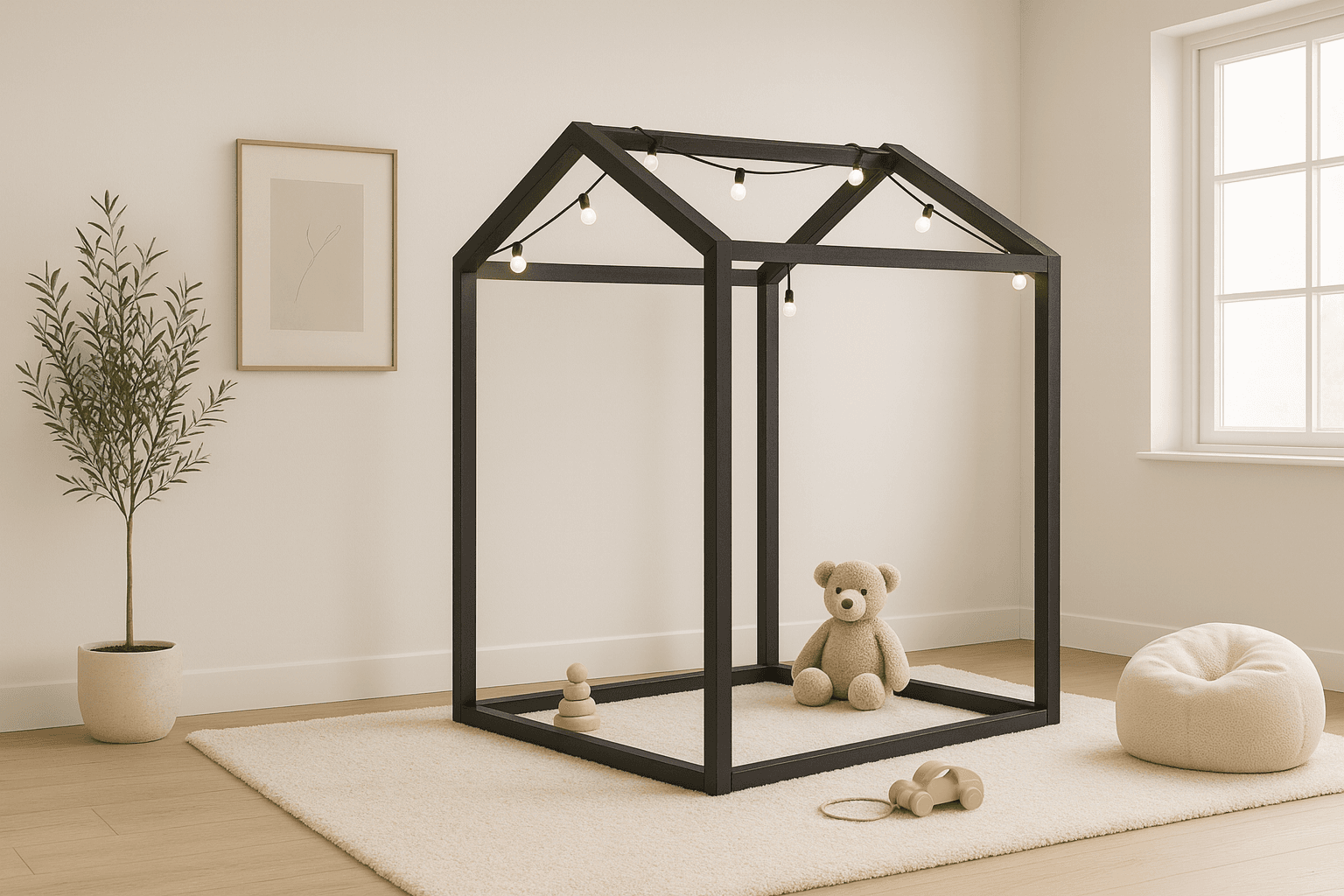 House-shaped indoor playhouse frame built from 2x2 boards