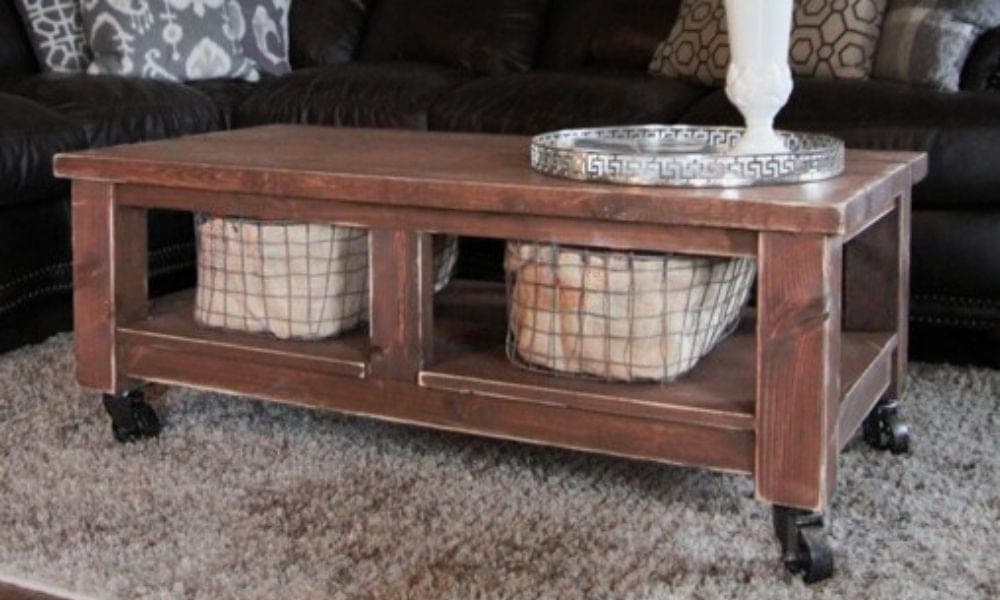 Taylor's rolling coffee table with a notched plywood bottom shelf