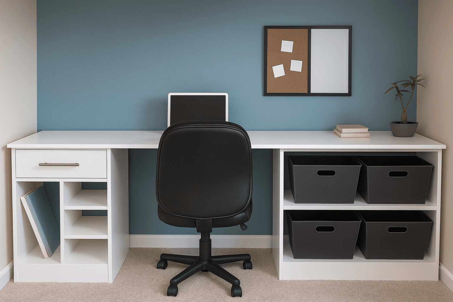 A short plywood desk-system base cabinet with a drawer and open cubby, sized for a computer tower