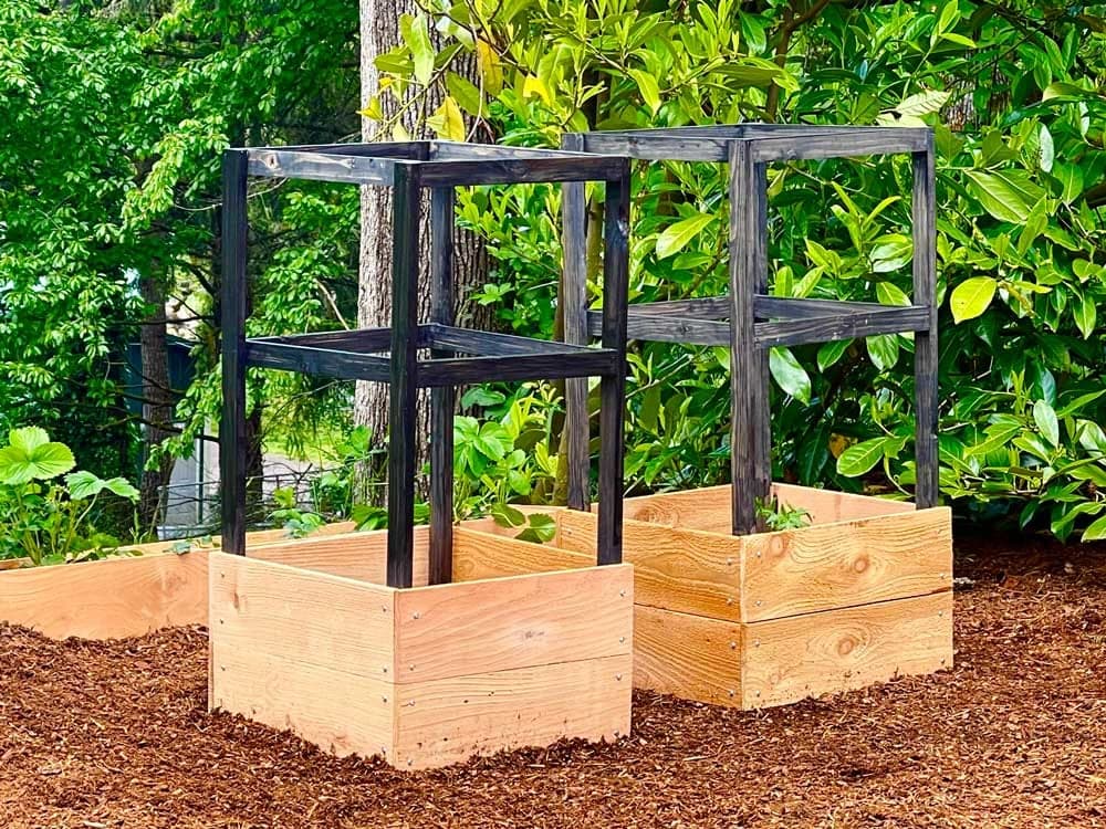 Cedar planter box with built-in wooden tomato cage of vertical slats and horizontal rungs