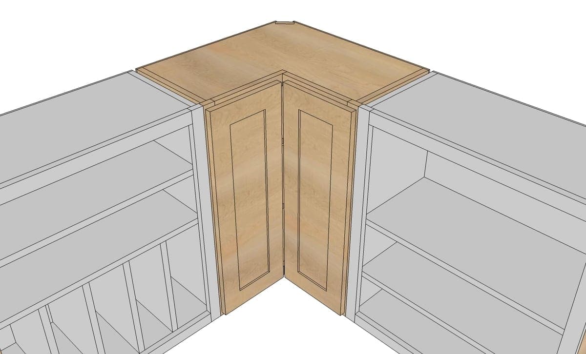 Wall corner kitchen cabinet with a pie-cut door pair