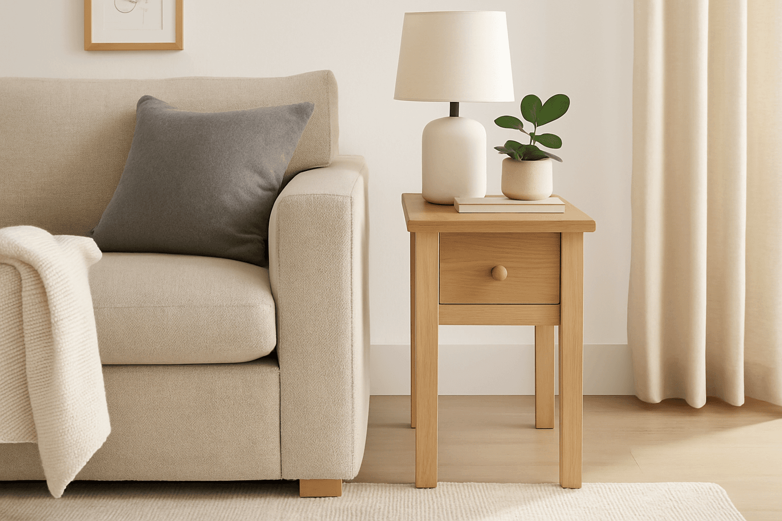 Narrow cottage-style end table with a drawer