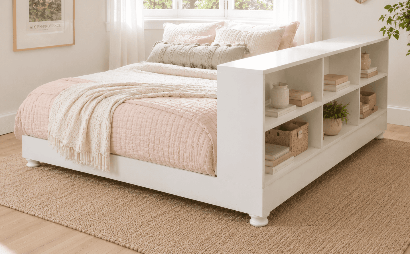 Platform bed with attached side storage tower and divider shelf
