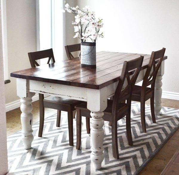 Farmhouse table with purchased turned legs and a planked 2x6 top