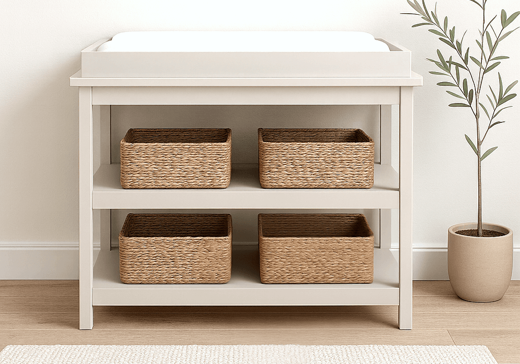 A simple wood changing table with a removable topper tray